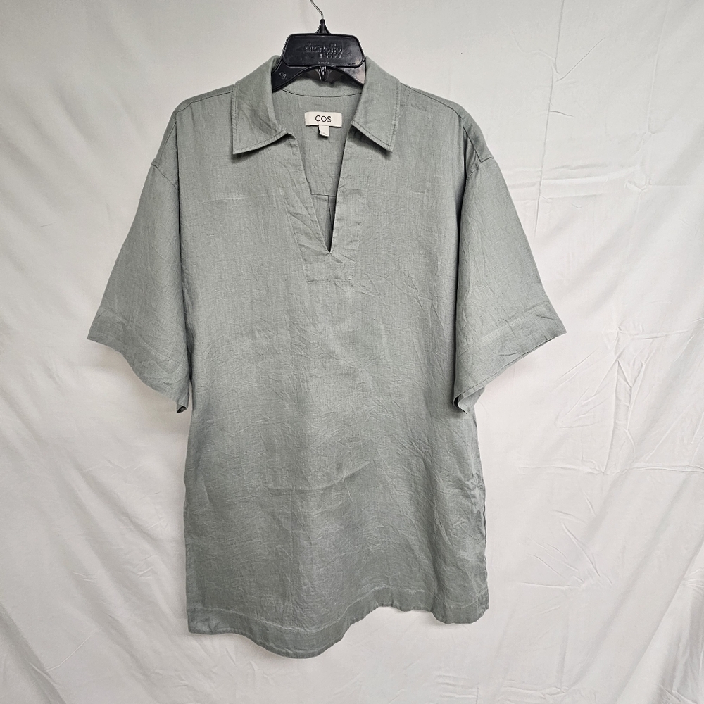 Cos Linen Dress Size 38 UK Medium Light Sage Green Collared Pockets Relaxed